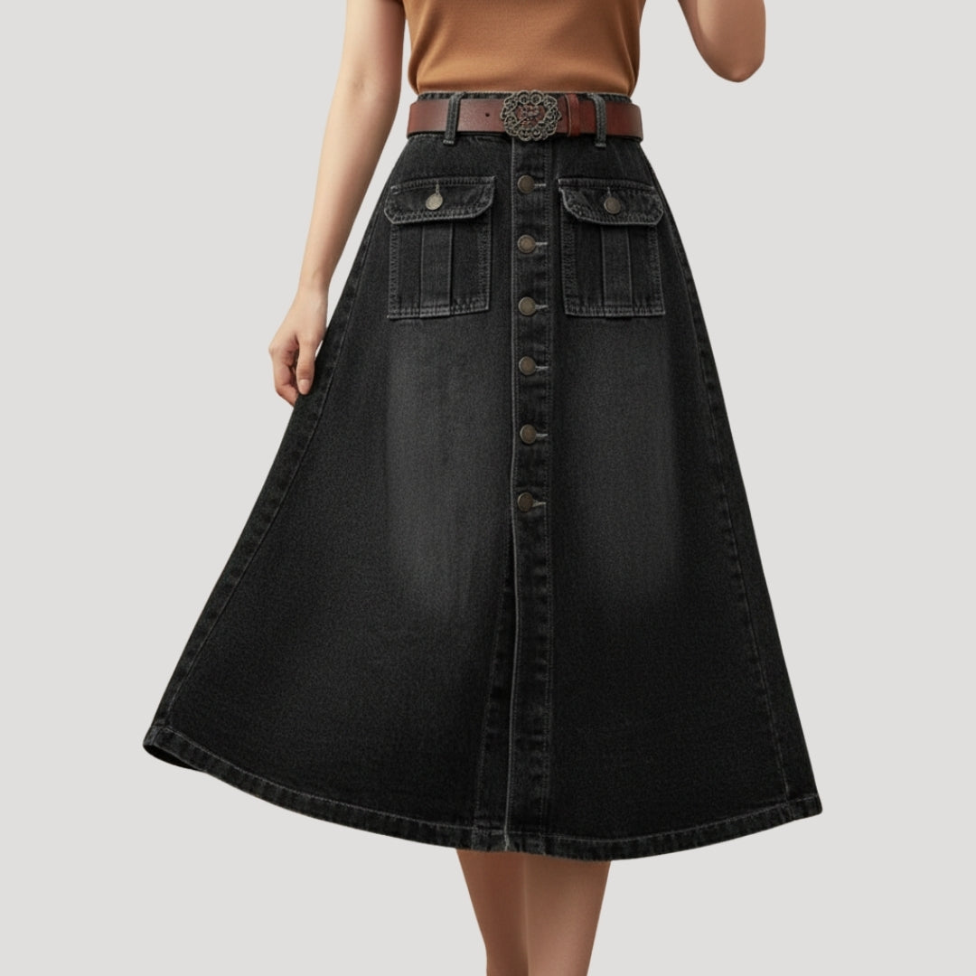 Women’s Denim Skirt Midi Jean A Line High Waist Button