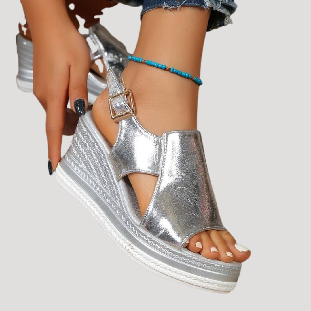Women's Platform Wedge Sandals Metallic Open Toe Slingback
