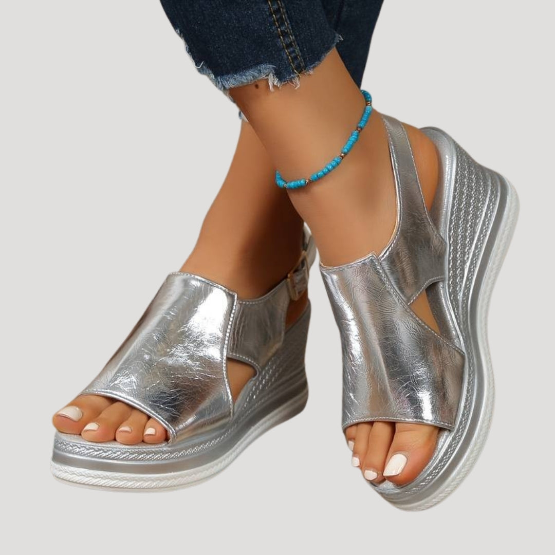Women's Platform Wedge Sandals Metallic Open Toe Slingback