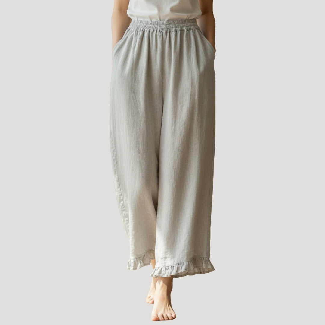 Women’s Wide Leg Pants Cropped Linen Elastic Waist Ruffle Hem Relaxed