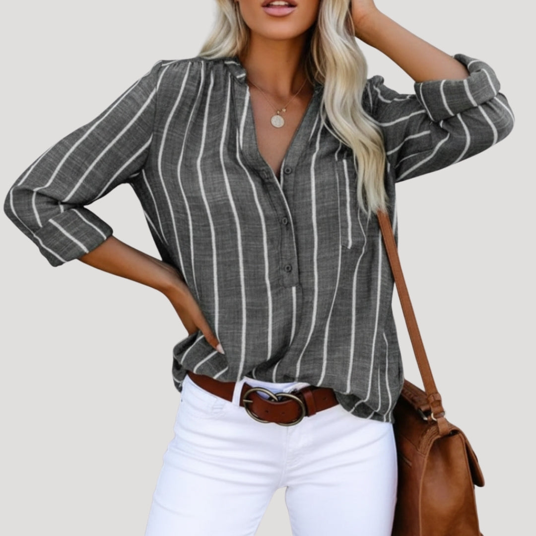 Women’s Striped V Neck Long Sleeve Button Shirt Casual