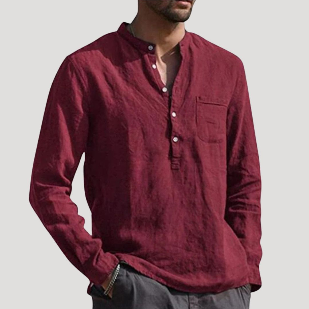 Men Linen Shirt Grandad Collar Long Sleeve Relaxed Fit
