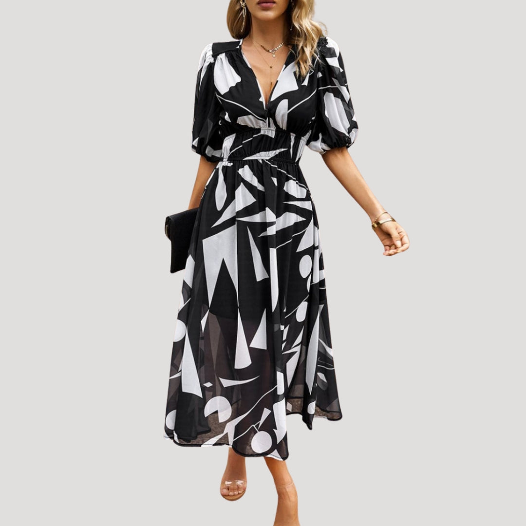 Women’s Dress Floral Midi Puff Sleeve V Neck Casual