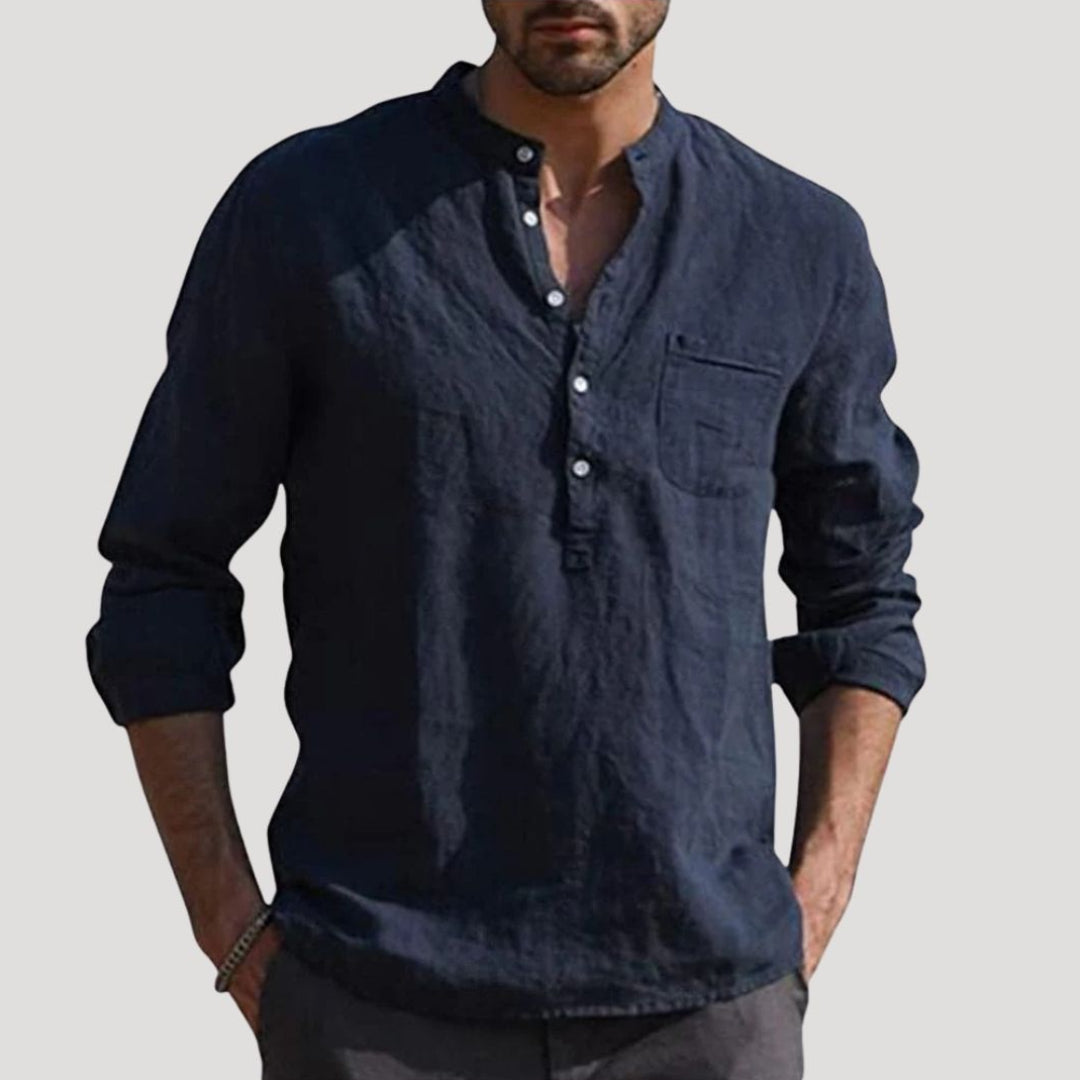 Men Linen Shirt Grandad Collar Long Sleeve Relaxed Fit
