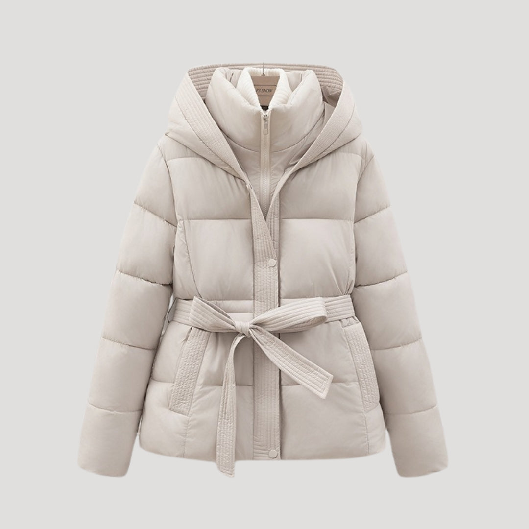 Women Puffer Jacket Hooded Belted Quilted Fit