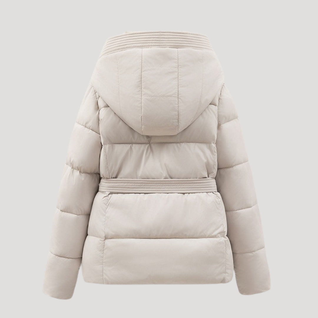 Women Puffer Jacket Hooded Belted Quilted Fit