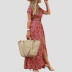 Women's V Neck Floral Maxi Dress with Belt