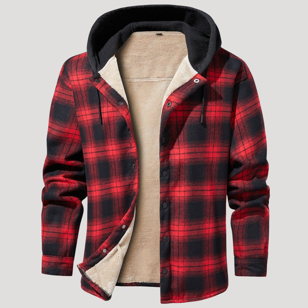 Men’s Red Plaid Flannel Hooded Sherpa Jacket