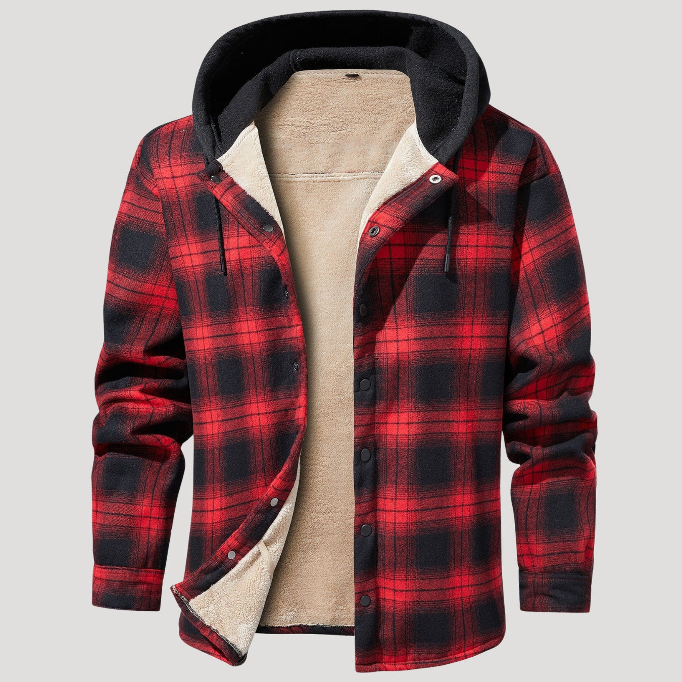 Men’s Red Plaid Flannel Hooded Sherpa Jacket
