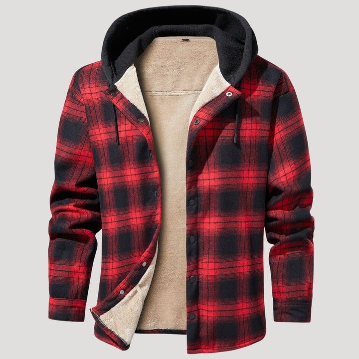 Men’s Red Plaid Flannel Hooded Sherpa Jacket