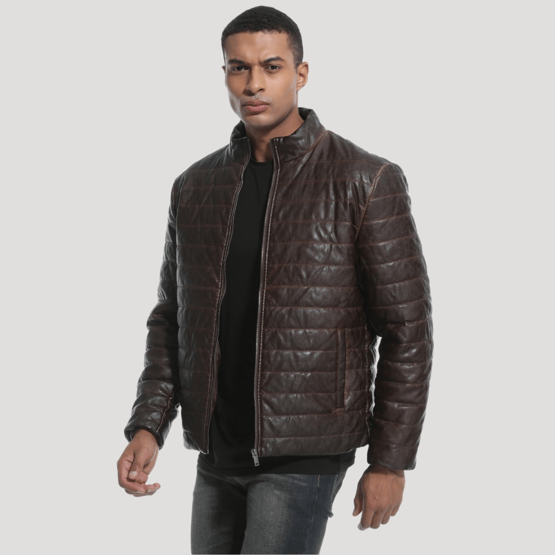 Men’s Brown Quilted Leather Jacket With Stand Collar
