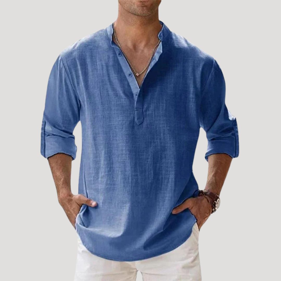 Men’s Long Sleeve Linen Shirt with Mandarin Collar Relaxed Style