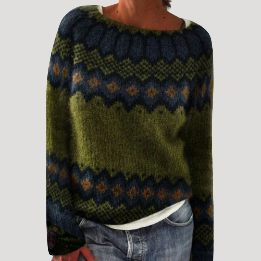 Women’s Fair Isle Knit Sweater Round Neck Pullover Top