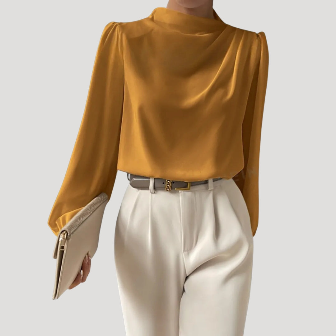 Women’s Draped Blouse High Neck Long Sleeve Elegant Top