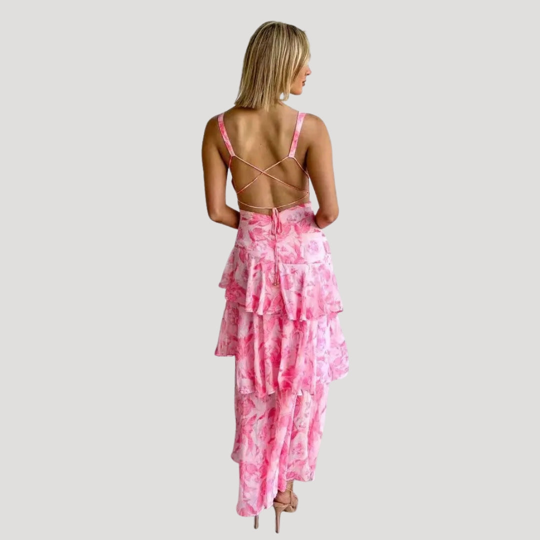 Women’s Summer Dress Floral Maxi Ruffle Tiered V Neck