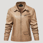 Women’s Leather Moto Jacket Zip Front Tan Casual Outerwear