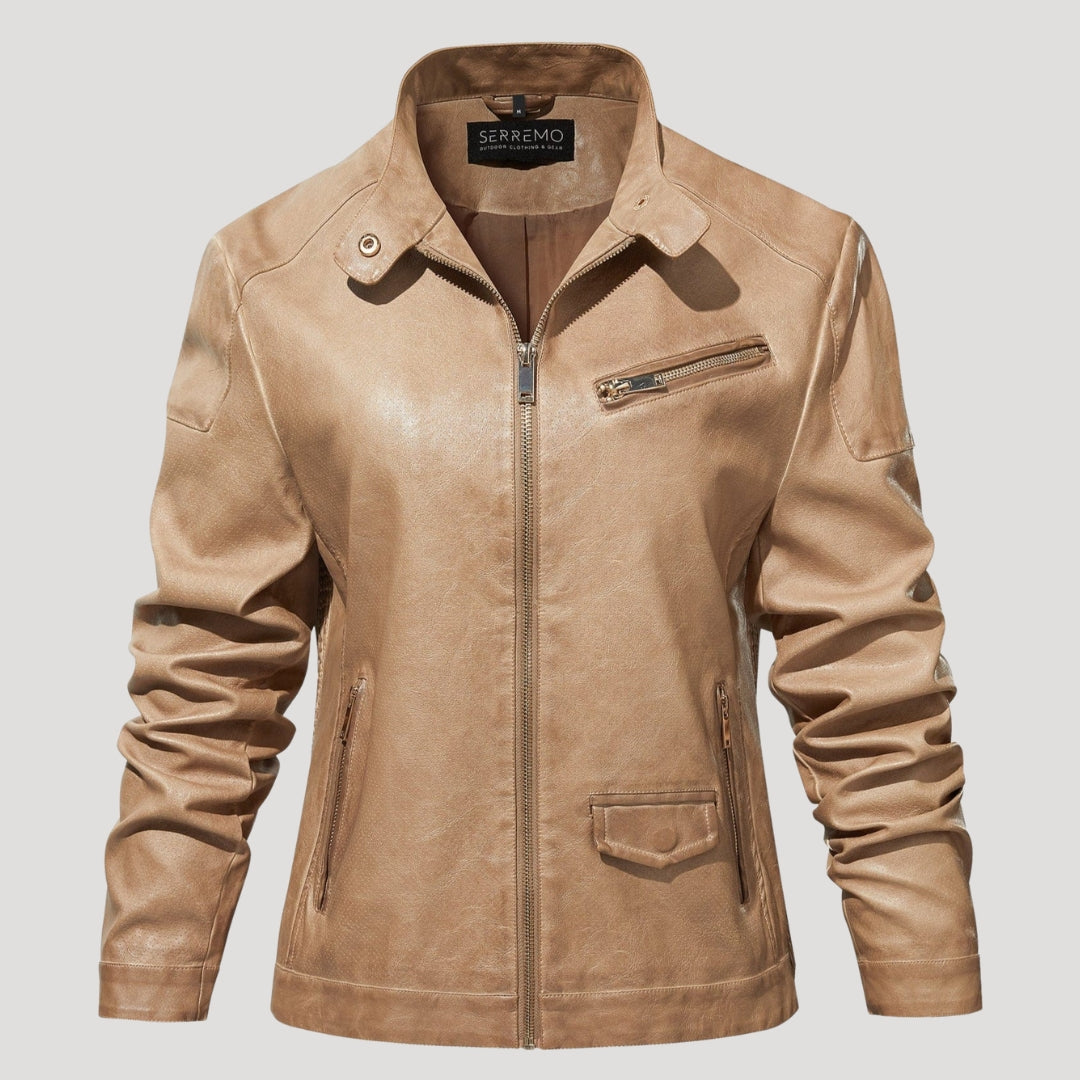 Women’s Leather Moto Jacket Zip Front Tan Casual Outerwear