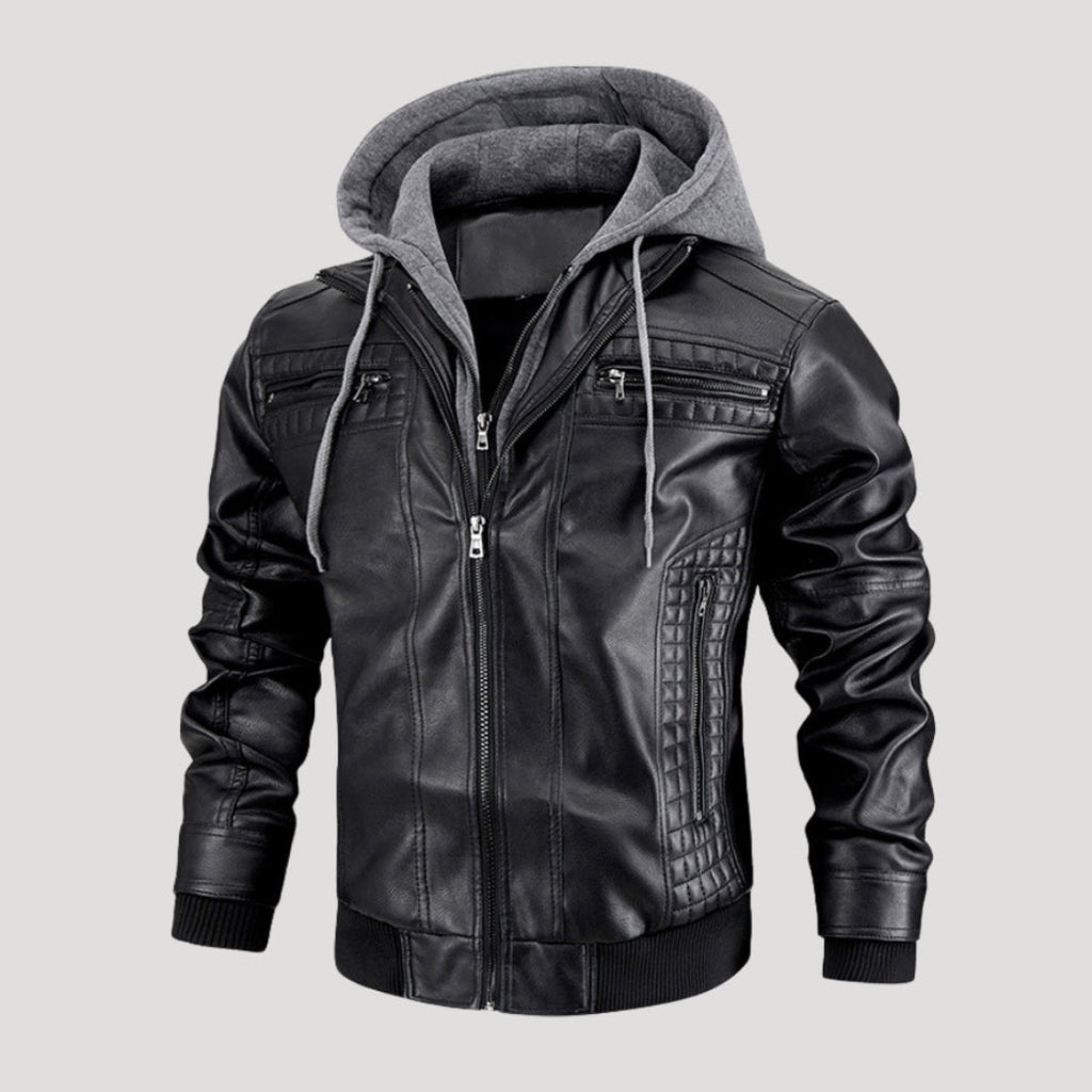 Men’s Hooded Bomber Jacket Zip Front Leather Look