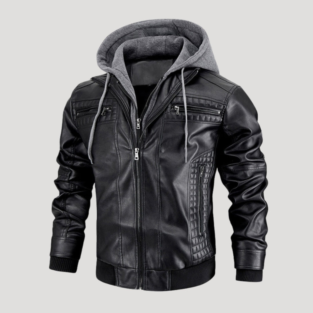 Men’s Hooded Bomber Jacket Zip Front Leather Look
