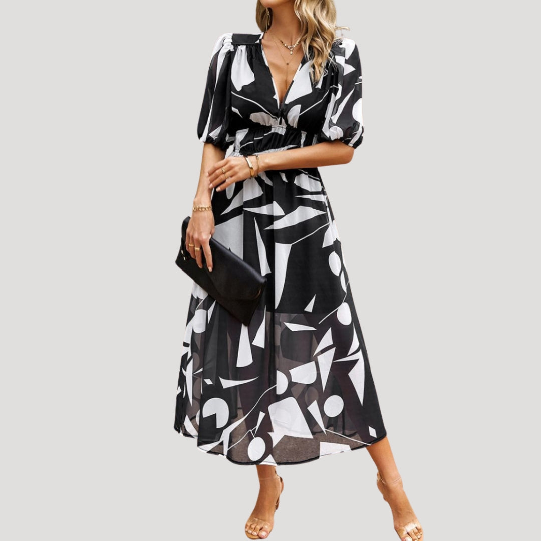 Women’s Dress Floral Midi Puff Sleeve V Neck Casual