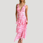Women’s Summer Dress Floral Maxi Ruffle Tiered V Neck