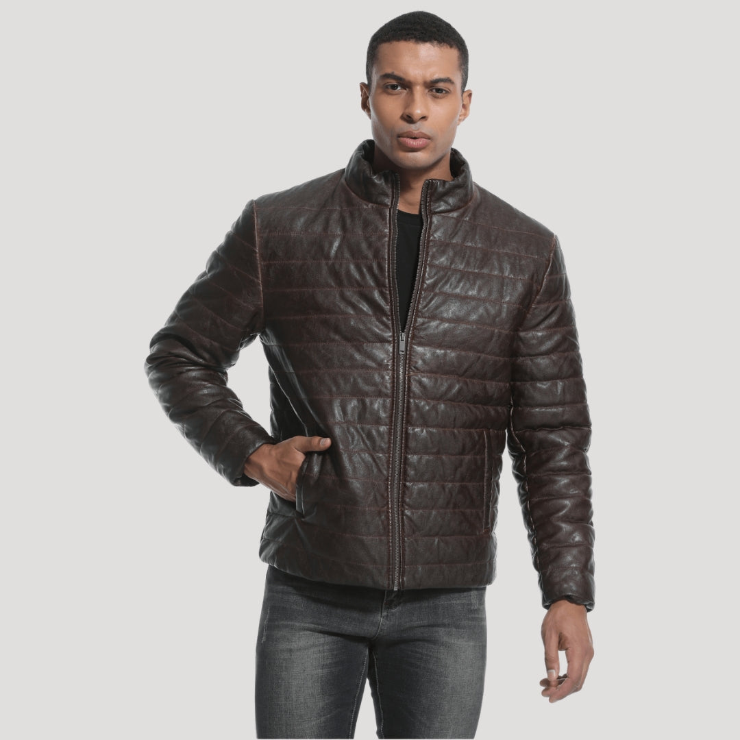 Men’s Brown Quilted Leather Jacket With Stand Collar