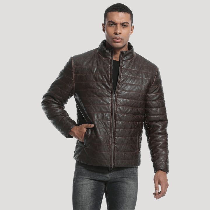 Men’s Brown Quilted Leather Jacket With Stand Collar
