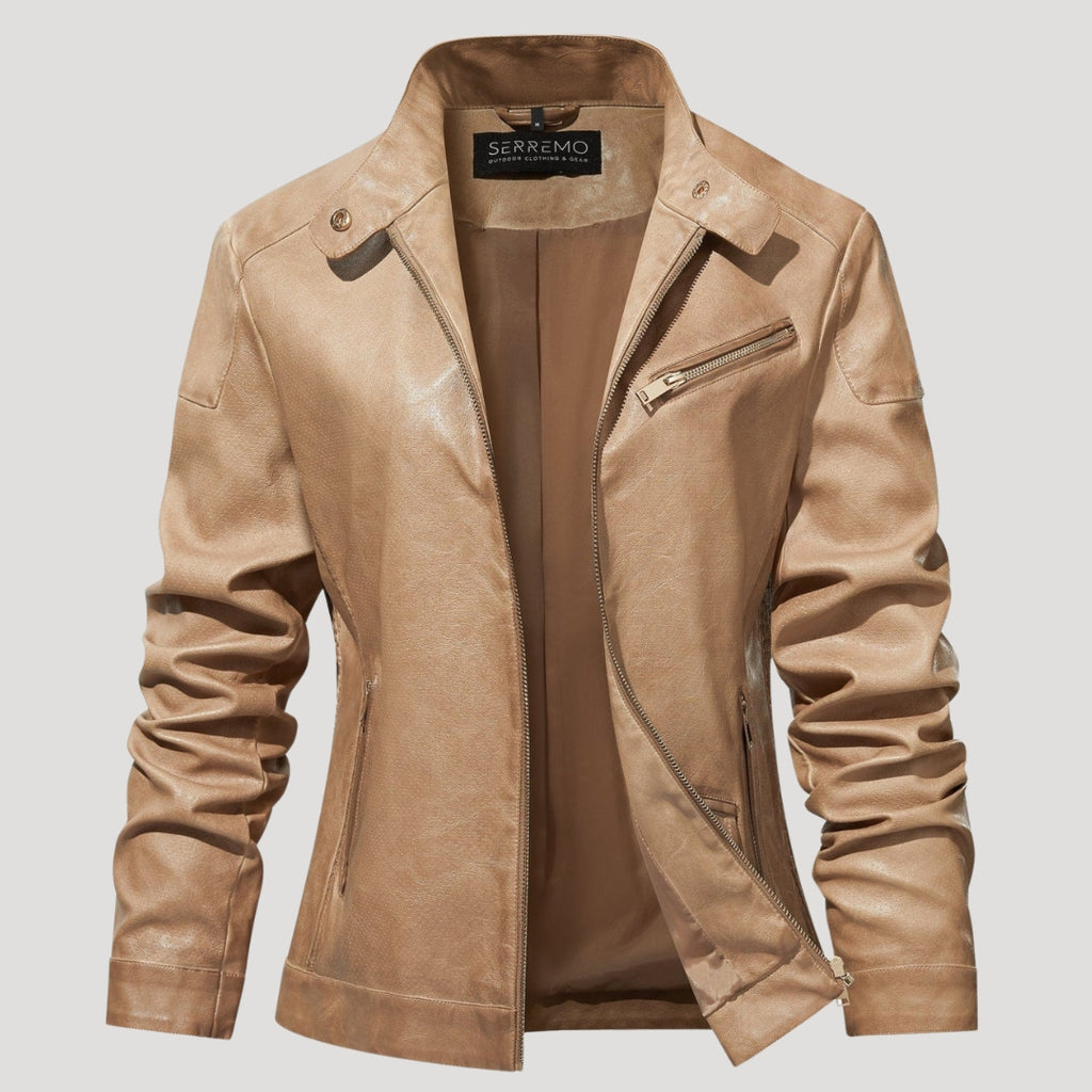 Women’s Leather Moto Jacket Zip Front Tan Casual Outerwear