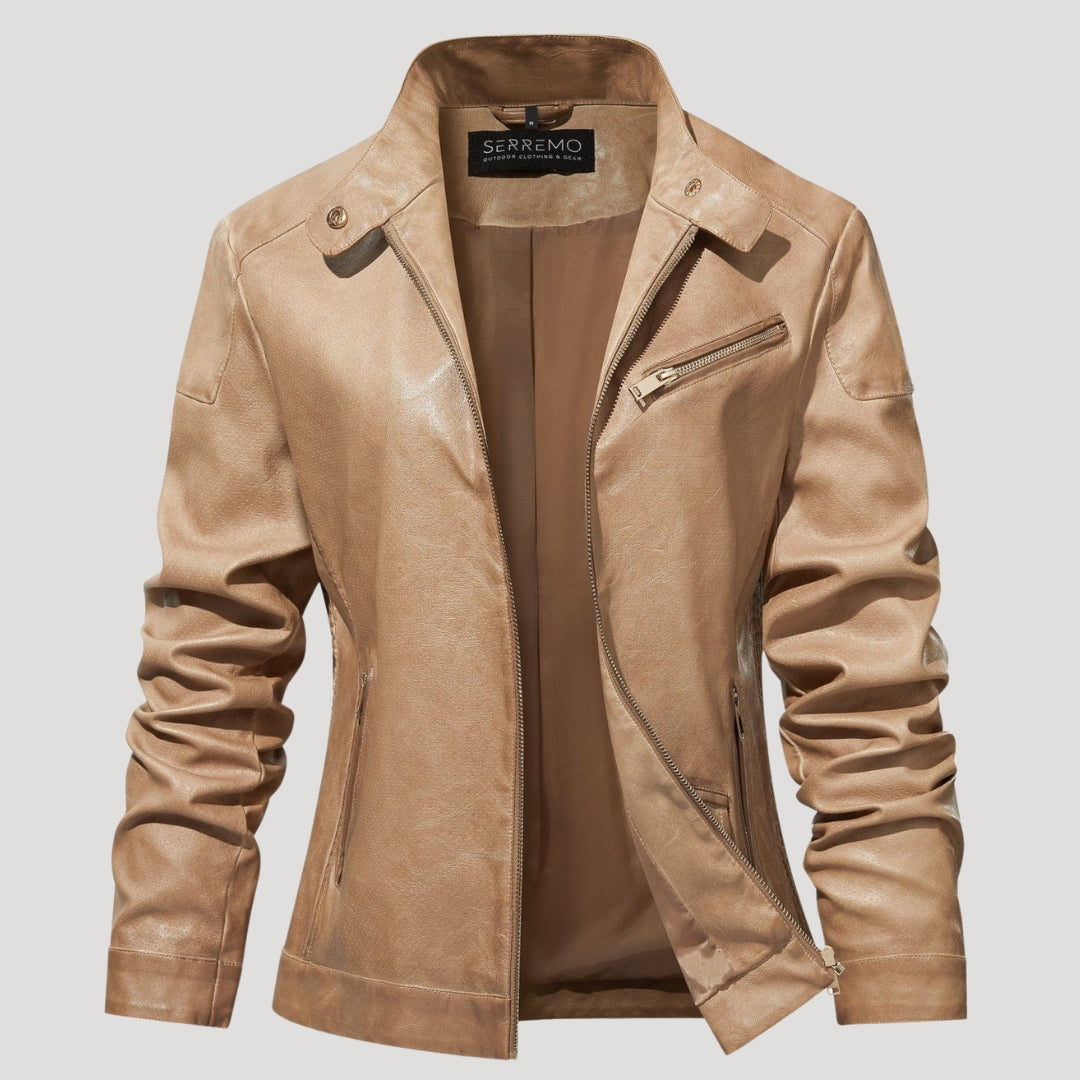 Women’s Leather Moto Jacket Zip Front Tan Casual Outerwear