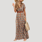 Women's V Neck Floral Maxi Dress with Belt