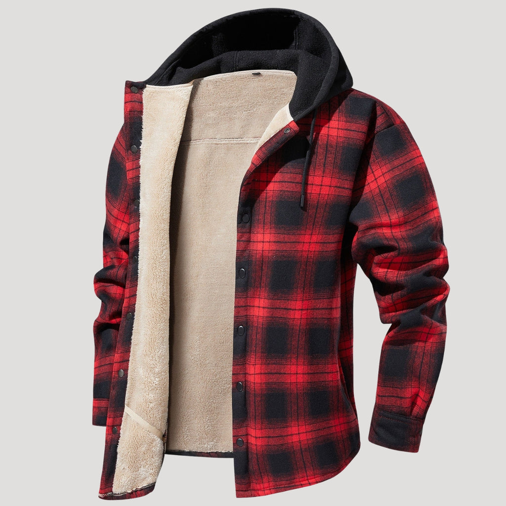 Men’s Red Plaid Flannel Hooded Sherpa Jacket
