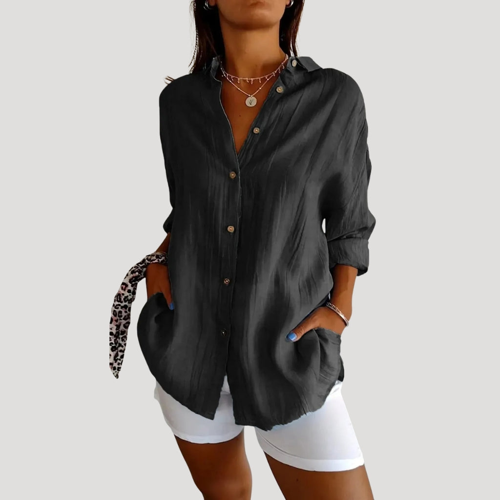 Women’s Long Button Shirt Relaxed Fit Collared Top