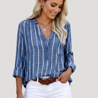 Women’s Striped V Neck Long Sleeve Button Shirt Casual
