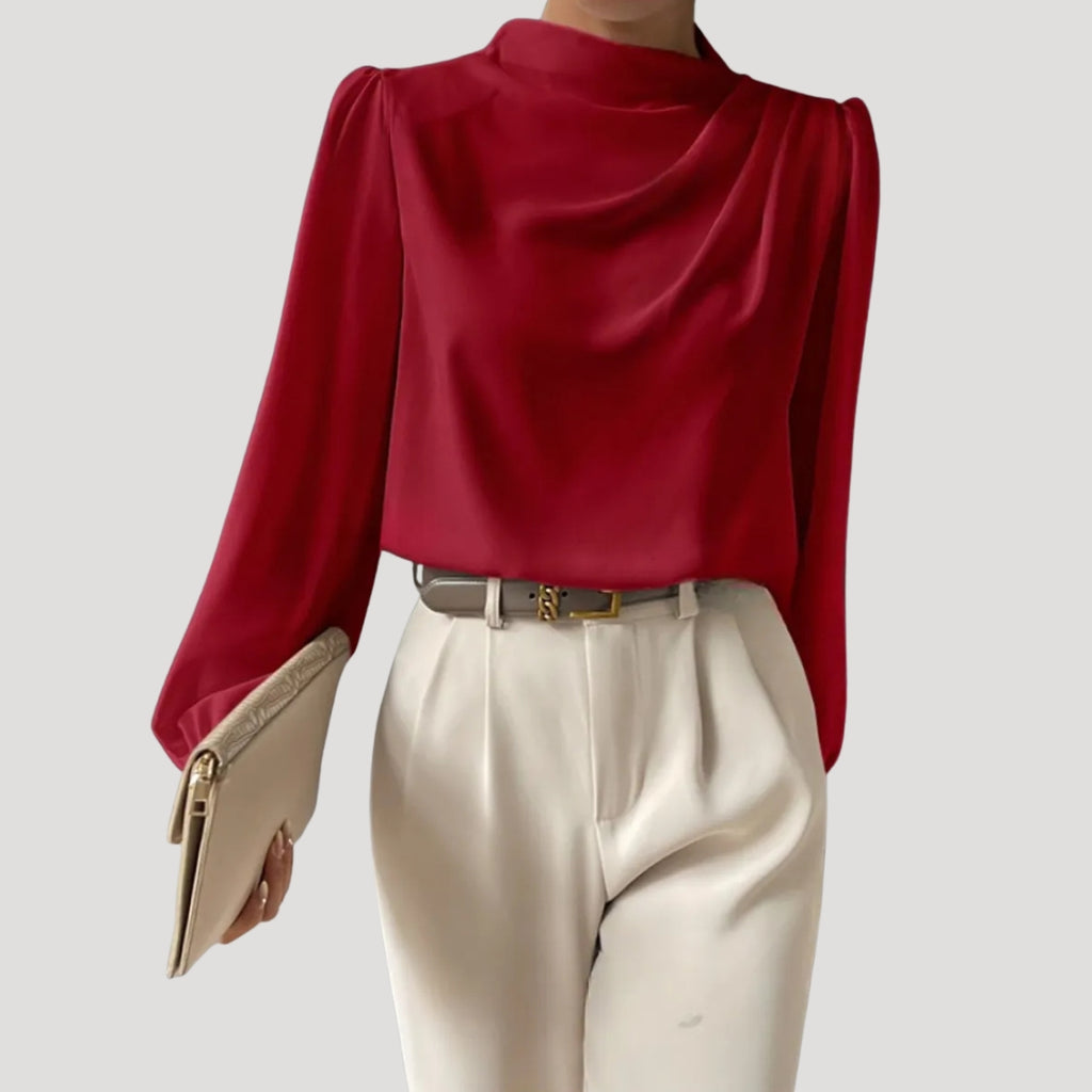 Women’s Draped Blouse High Neck Long Sleeve Elegant Top