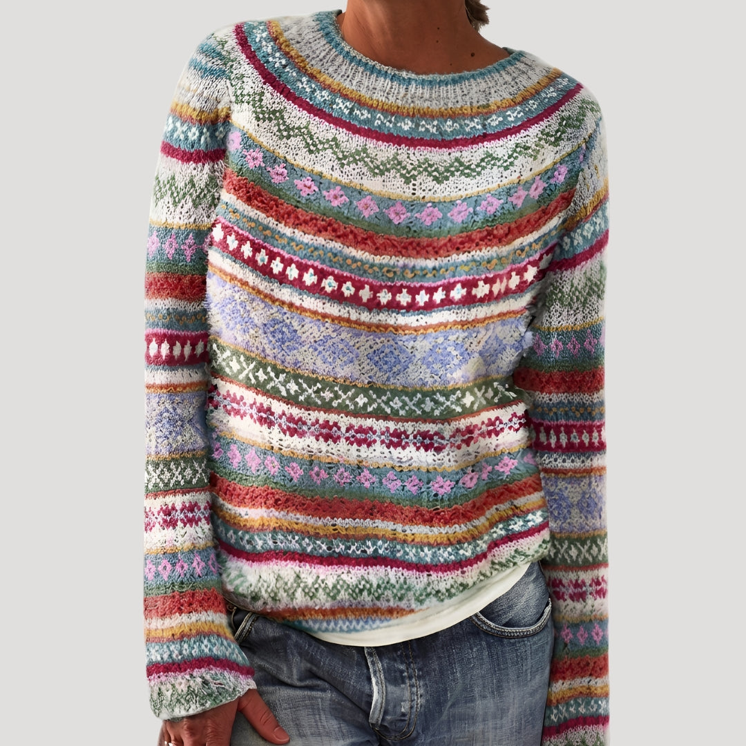 Women’s Fair Isle Knit Sweater Round Neck Pullover Top