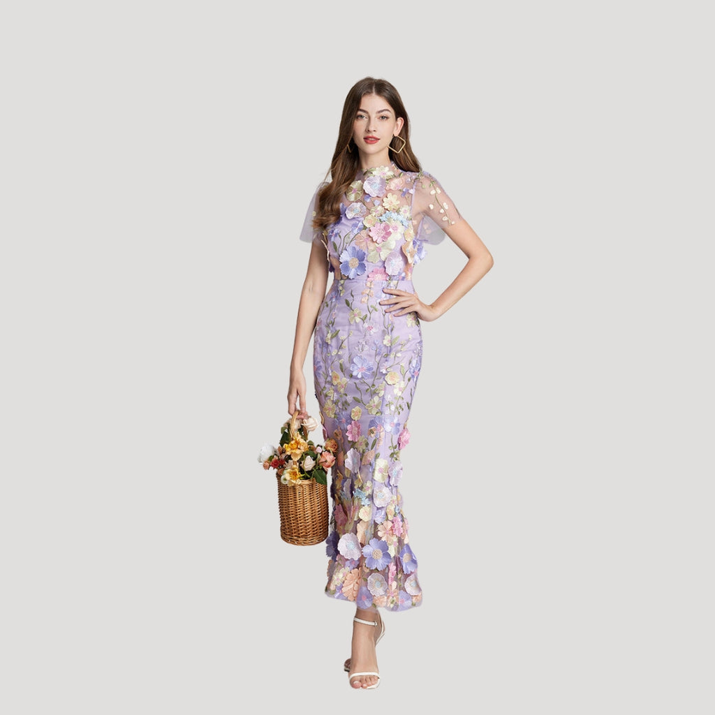 Women’s Summer Dress Floral Midi Sheer Embroidered Bodycon