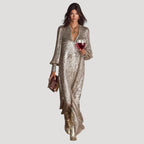 Women’s Formal Dress Sequin Maxi Long Sleeve V Neck