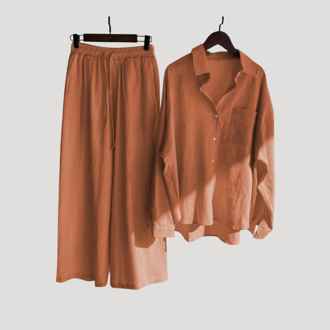 Women’s Linen Shirt Wide Leg Pants Matching Two Piece Set
