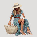 Women's V Neck Floral Maxi Dress with Belt