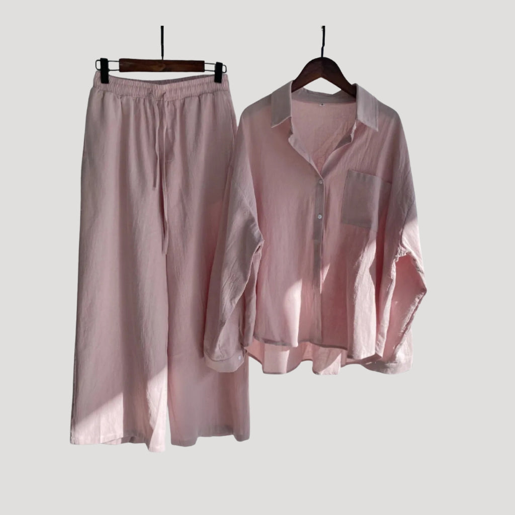 Women’s Linen Shirt Wide Leg Pants Matching Two Piece Set