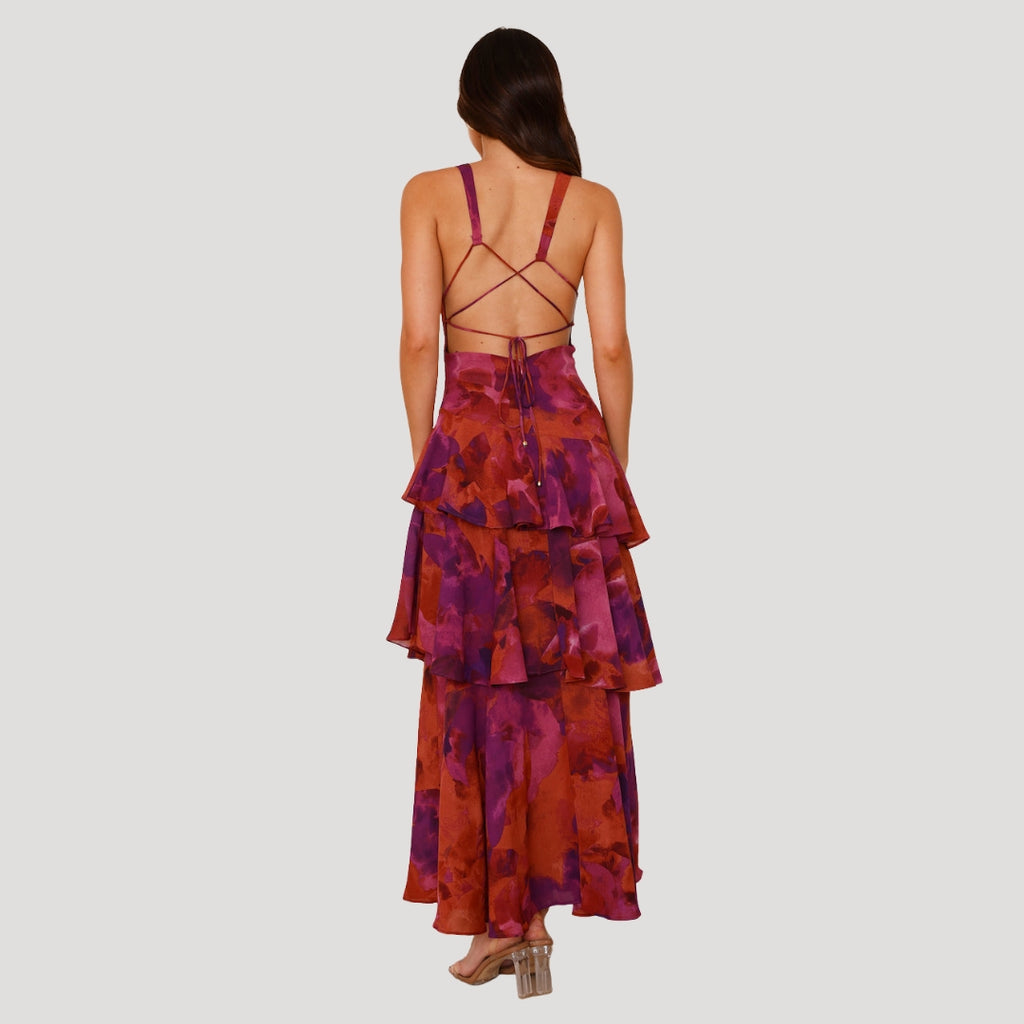 Women’s Summer Dress Floral Maxi Ruffle Tiered V Neck