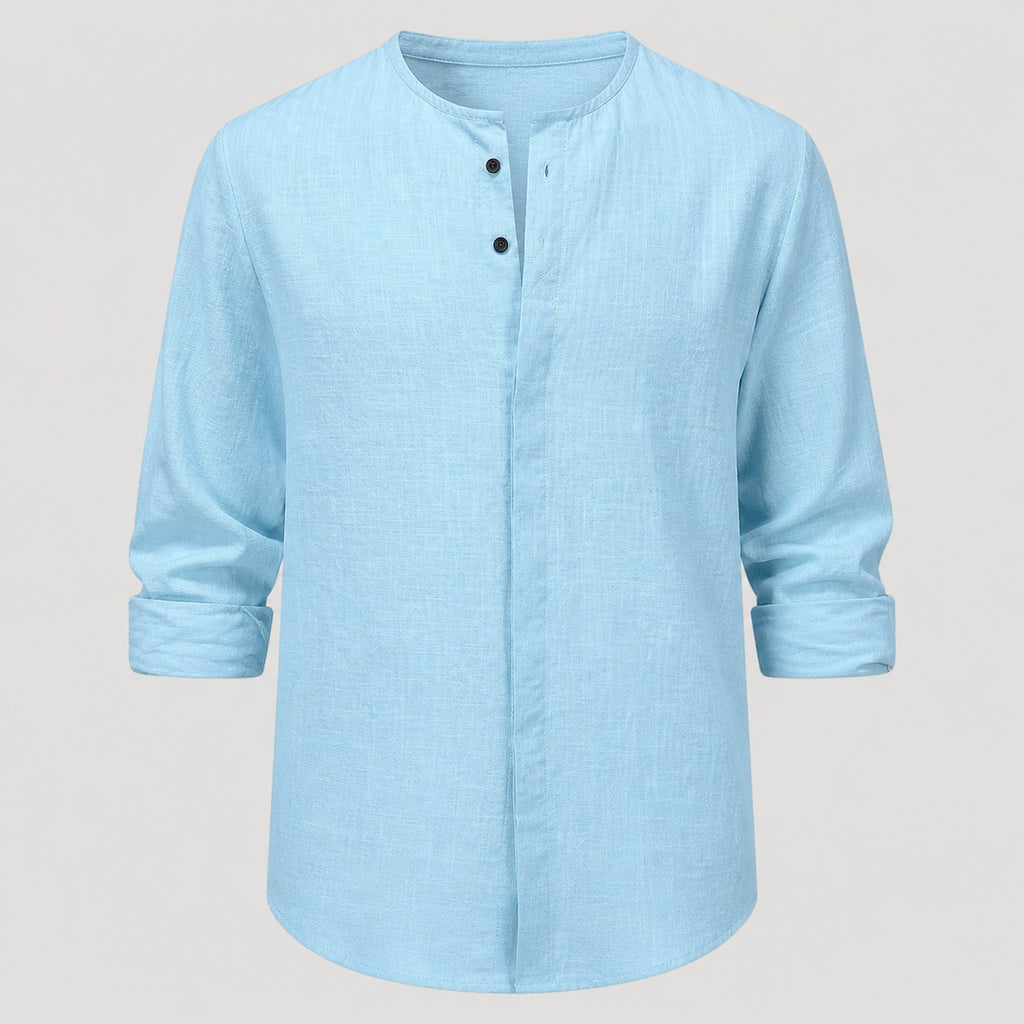 Mens Linen Henley Collarless Long Sleeve Summer Shirt