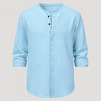 Mens Linen Henley Collarless Long Sleeve Summer Shirt