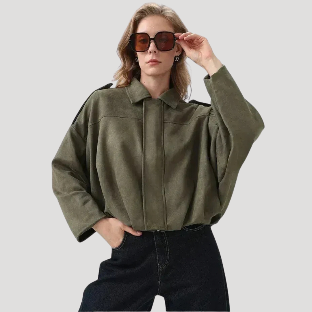 Dámska Semišová Bomber Bunda Na Zips Krátka Voľná S Golierom