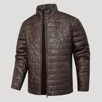Men’s Brown Quilted Leather Jacket With Stand Collar