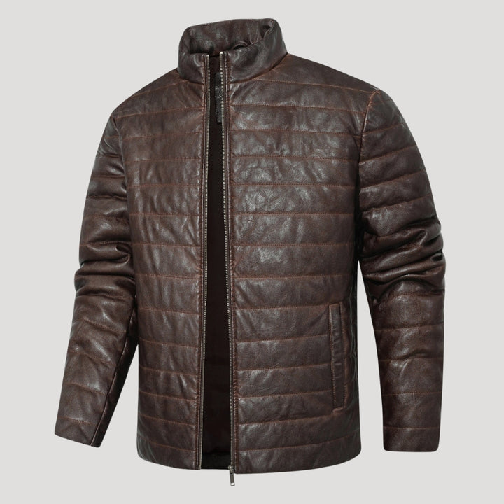 Men’s Brown Quilted Leather Jacket With Stand Collar
