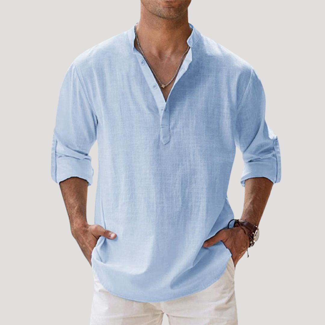 Men’s Long Sleeve Linen Shirt with Mandarin Collar Relaxed Style