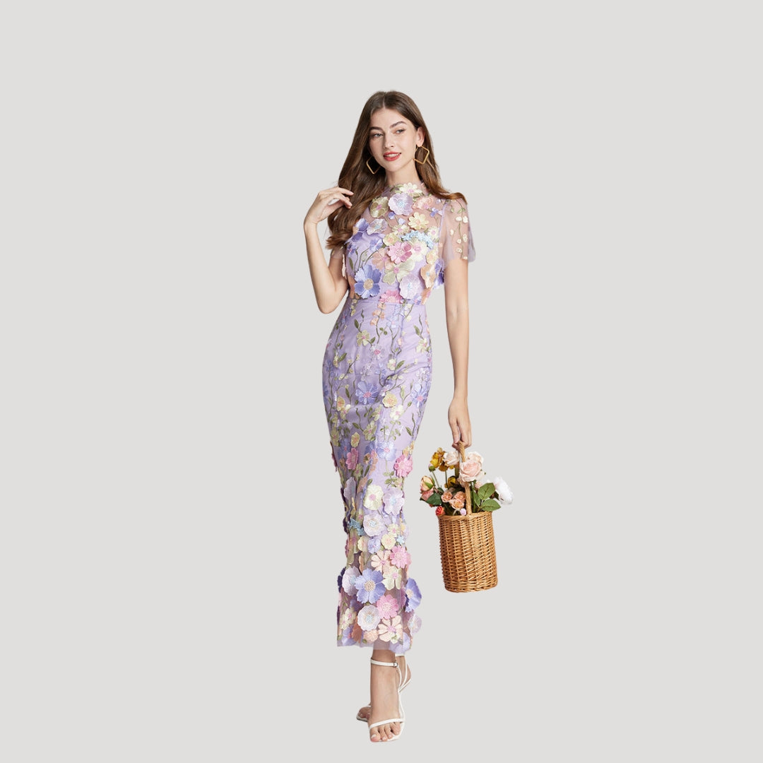 Women’s Summer Dress Floral Midi Sheer Embroidered Bodycon