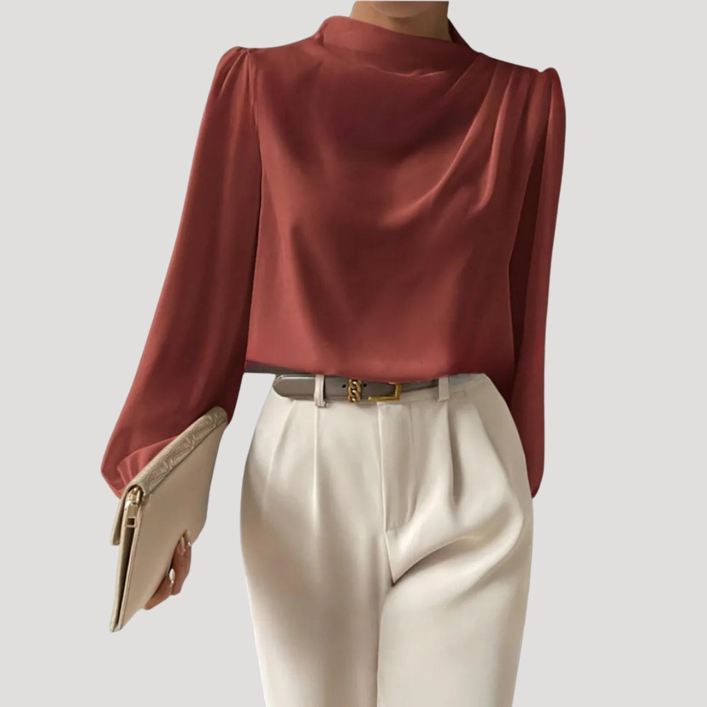 Women’s Draped Blouse High Neck Long Sleeve Elegant Top