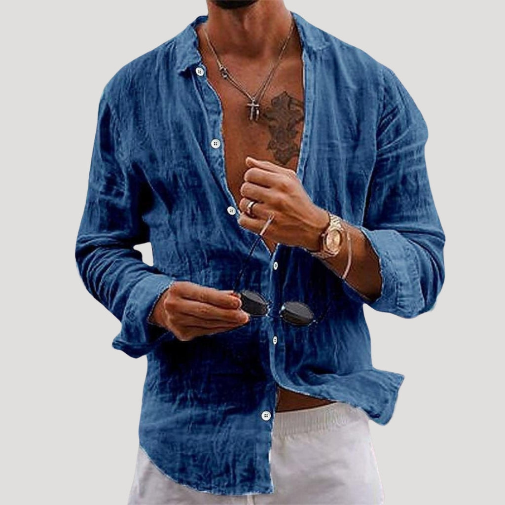 Mens Linen Shirt Long Sleeve Button Casual
